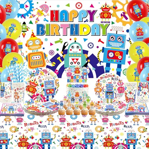 Roboter Geburtstagsparty Dekoration für Roboter Happy Birthday Hintergrund, Geschirr, Tischdecke und Ballone, Roboter Party Zubehör für Jungen Mädchen Kinder Baby Dusche, serviert 20 von Lilwemen