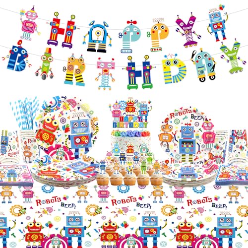 Roboter-Geburtstagsparty-Dekoration: Muster Banner, Tischdecke, Teller, Servietten, Geschirr, Roboter Theme Party Zubehör für Jungen Mädchen Kinder Baby Dusche, Serviert 20 von Lilwemen