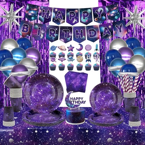 Weltraum Galaxie Partygeschirr Set- Happy Birthday Party Banner, Luftballons, Folienvorhänge, Teller, Becher, Servietten, Folienballons, Geburtstagsparty-Dekoration im Weltraum-Thema, für 20 Personen von Lilwemen