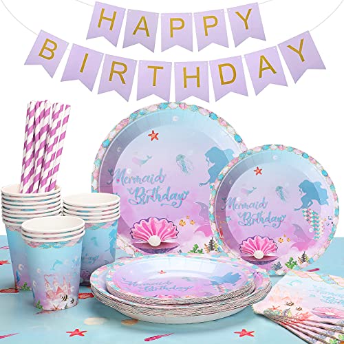 Lilydora 16 Gäste Meerjungfrau Partygeschirr Set 83PCS Meerjungfrau Geburtstag Party Zubehör Meerjungfrau Teller Becher Servietten Tischdecke Meerjungfrau Deko Kindergeburtstag von Lilydora