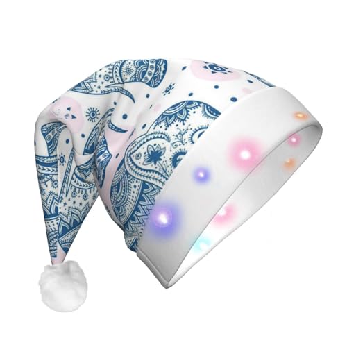 Boho Elefant LED Weihnachtsmütze Plüschstoff Weihnachtsmütze Druck Unisex mit Blinklichtern von LimPac