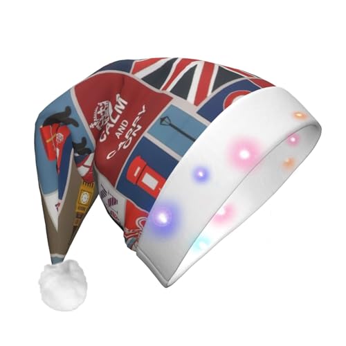 England-Symbole, LED-Weihnachtsmütze, Plüschstoff, Weihnachtsmannmütze, bedrucktes Design, Unisex, mit blinkenden Lichtern von LimPac