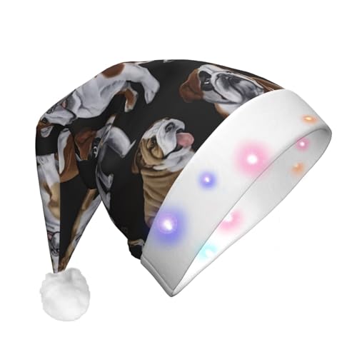 Englische Bulldogge, LED-Weihnachtsmütze, Plüschstoff, Weihnachtsmannmütze, bedrucktes Design, Unisex, mit blinkenden Lichtern von LimPac