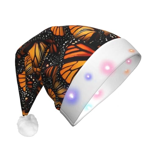 Haufen von Orange Monarch Schmetterlinge LED Weihnachtsmütze Plüschstoff Weihnachtsmütze Druck Design Unisex mit Blinklichtern von LimPac