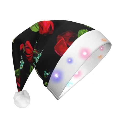 Schöne Rosen-Geschenk-LED-Weihnachtsmütze, Plüschstoff, Weihnachtsmannmütze, bedrucktes Design, Unisex, mit blinkenden Lichtern von LimPac