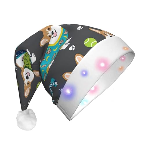 Tragen von Kleidung Corgi Dogs LED-Weihnachtsmütze - Plüschstoff, Weihnachtsmannmütze, Druckmuster, Unisex mit blinkenden Lichtern von LimPac