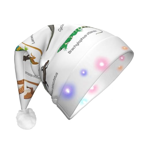 Verschiedene Arten von Eidechse LED Weihnachtsmütze - Plüschstoff, Weihnachtsmannmütze, Druckmuster, Unisex, mit blinkenden Lichtern von LimPac