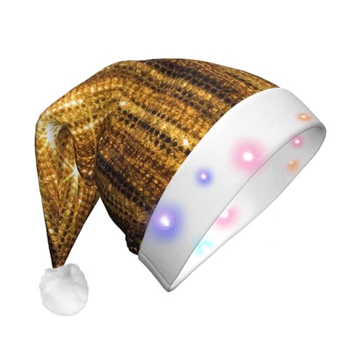 Weihnachtsmütze mit goldenen Pailletten, glitzernd, LED-Weihnachtsmütze, Plüschstoff, Weihnachtsmannmütze, bedrucktes Design, Unisex, mit blinkenden Lichtern von LimPac