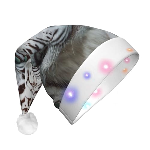 Weihnachtsmütze mit weißem Tiger-Druck, Unisex, Weihnachtsmann-Neuheit, für Erwachsene, Plüschmütze mit LED-Licht von LimPac