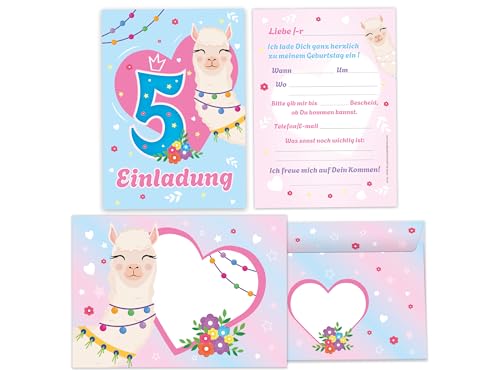 10 Einladungskarten inkl. 10 Briefumschläge Kuverts zum 5. Kindergeburtstag Motto-Party Feier Fest Einladung Set Geburtstag Mädchen Kinder Mädels Tiere Kamel Lama Alpaka blau rosa von Limonia