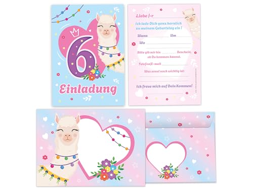 10 Einladungskarten inkl. 10 Briefumschläge Kuverts zum 6. Kindergeburtstag Motto-Party Feier Fest Einladung Set Geburtstag Mädchen Kinder Mädels Tiere Kamel Lama Alpaka blau rosa von Limonia