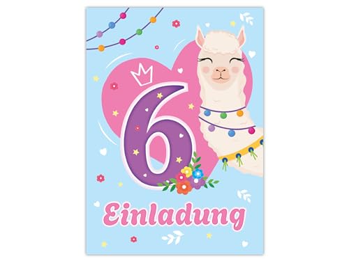 10 Einladungskarten zum 6. Kindergeburtstag Motto-Party Feier Fest Einladung Set Geburtstag Mädchen Kinder Mädels Teenies Tiere Kamel Lama Alpaka blau rosa von Limonia