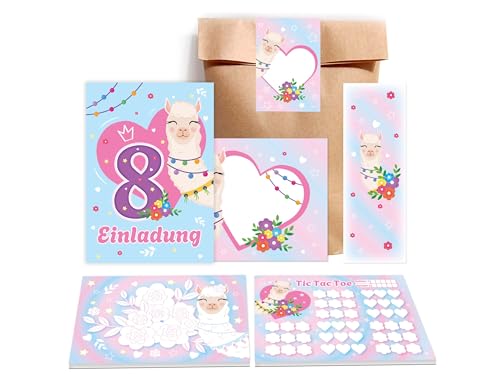 10 Einladungskarten zum 8. Kindergeburtstag Einladung Geburtstag Mädchen Kinder Gastgeschenk inkl. 10 Umschläge, 10 Tüten, 10 Lesezeichen, 10 Aufkleber, 10 Mandalas, 10 Tic Tac Toe Lama Alpaka blau von Limonia