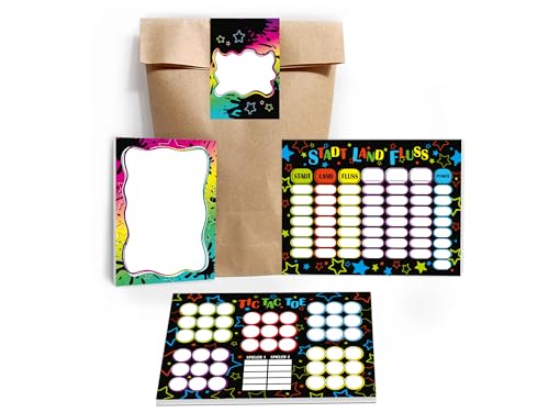 10 Mini-Notizblöcke + 10 Tic Tac Toe A6 + 10 Stadt-Land-Fluss A6 je 25 Blätter + 10 Tüten + 10 Aufkleber Set Gastgeschenk Mitgebsel zum Kindergeburtstag Motto-Party Jungen Jungs Boys bunt neon von Limonia