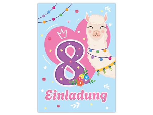 12 Einladungskarten zum 8. Kindergeburtstag Motto-Party Feier Fest Einladung Geburtstag Mädchen Kinder Lama Herz Queen rosa blau von Limonia