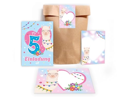 6 Einladungskarten zum 5. Kindergeburtstag Motto-Party Einladung Geburtstag Mädchen Kinder Mädels Teenies Mitgebsel Set inkl. 6 Umschläge, 6 Tüten, 6 Aufkleber, 6 Blöcke Tiere Lama Alpaka blau rosa von Limonia