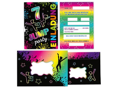 Limonia 10 Einladungskarten inkl. 10 Umschläge zum 7. Geburtstag Motto-Party Set Einladung Geburtstag Mädchen Kinder Jungs Jungen Boys Teenies Jump-Party Trampolin von Limonia