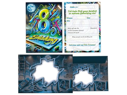 Limonia 10 Einladungskarten inkl. 10 Umschläge zum 8. Kindergeburtstag Motto-Party Set Einladung Geburtstag Mädchen Kinder Jungs Jungen Boys Teenies Graffiti Street Art von Limonia