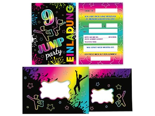 Limonia 10 Einladungskarten inkl. 10 Umschläge zum 9. Geburtstag Motto-Party Set Einladung Geburtstag Mädchen Kinder Jungs Jungen Boys Teenies Jump-Party Trampolin von Limonia