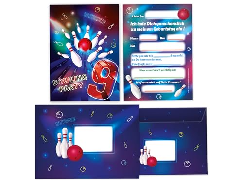 Limonia 10 Einladungskarten inkl. 10 Umschläge zum 9. Kindergeburtstag Motto-Party Bowling neon Einladung Set Geburtstag Mädchen Kinder Jungs Jungen Boys Teenies von Limonia