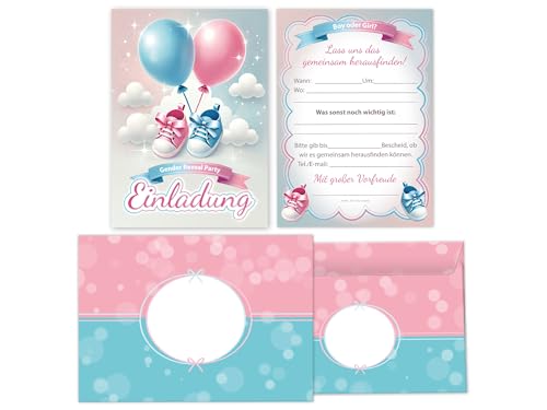 Limonia 10 Einladungskarten mit Umschlägen zur Gender Reveal Party – Stilvolle Einladungen zur Babyparty 'Boy oder Girl' – Baby-Überraschungsparty – Baby-Schühchen in blau und rosa von Limonia