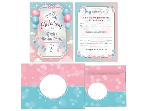 Limonia 10 Einladungskarten mit Umschlägen zur Gender Reveal Party – Stilvolle Einladungen zur Babyparty 'Boy oder Girl' – Baby-Überraschungsparty – Storch in blau und rosa von Limonia