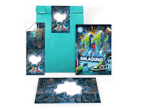 Limonia 10 Einladungskarten zum 11. Kindergeburtstag Graffiti Street Art Party Einladung Set Geburtstag Mädchen Kinder Jungs Jungen Boys Geschenktüte inkl. 10 Umschläge, 10 Tüten, 10 Aufkleber von Limonia