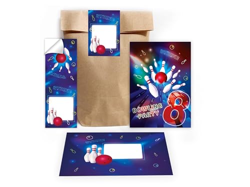 Limonia 10 Einladungskarten zum 8. Kindergeburtstag Motto Bowling neon Einladung Geburtstag Mädchen Kinder Jungs Jungen Boys Geschenktüte Set inkl. 10 Umschläge, 10 Tüten, 10 Aufkleber von Limonia