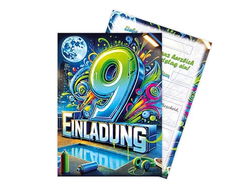 Limonia 10 Einladungskarten zum 9. Kindergeburtstag Graffiti Street Art Motto-Party Feier Fest Set Einladung Geburtstag Mädchen Kinder Jungs Jungen Boys Teenies von Limonia