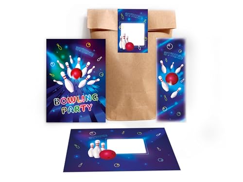 Limonia 10 Einladungskarten zum Kindergeburtstag Bowling neon Einladung Geburtstag Mädchen Kinder Jungs Jungen Boys Gastgeschenk inkl. 10 Umschläge, 10 Tüten, 10 Aufkleber, 10 Lesezeichen von Limonia