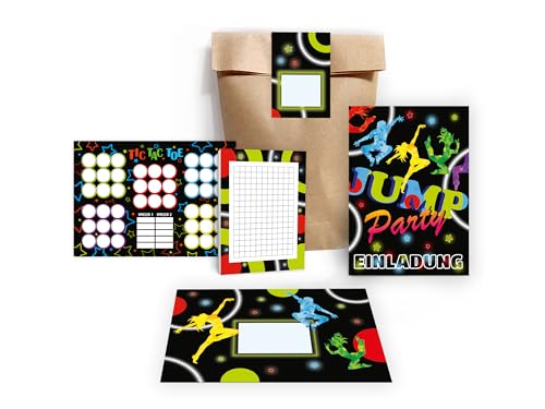 Limonia 10 Einladungskarten zum Kindergeburtstag Einladung Geburtstag Mädchen Kinder Jungs Jungen Mitgebsel inkl. 10 Umschläge, 10 Tüten, 10 Aufkleber, 10 Blöcke, 10 Tic Tac Toe Jump Party Trampolin von Limonia