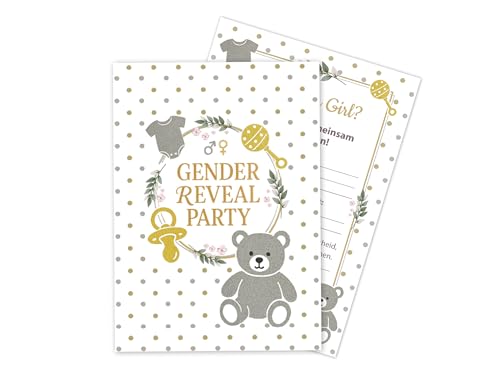 Limonia 10 Einladungskarten zur Gender Reveal Party – Stilvolle Einladungen für die Babyparty: Boy oder Girl? Perfekt für die Baby-Überraschungsparty - Gold, Silber, süßer Bär, Punkte, Blätterkranz Limonia 10 Einladungskarten zur Gender Reveal Party – Stilvolle Einladungen für die Babyparty: Boy oder Girl? Perfekt für die Baby-Überraschungsparty - Gold, Silber, süßer Bär, Punkte, Blätterkranz von Limonia
