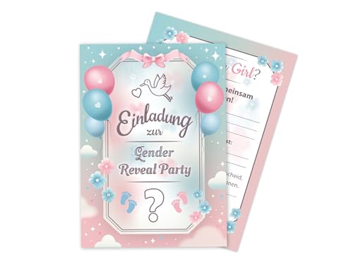 Limonia 10 Einladungskarten zur Gender Reveal Party – Stilvolle Einladungen für die Babyparty: Boy oder Girl? Perfekt für die Baby-Überraschungsparty - Storch blau und rosa von Limonia