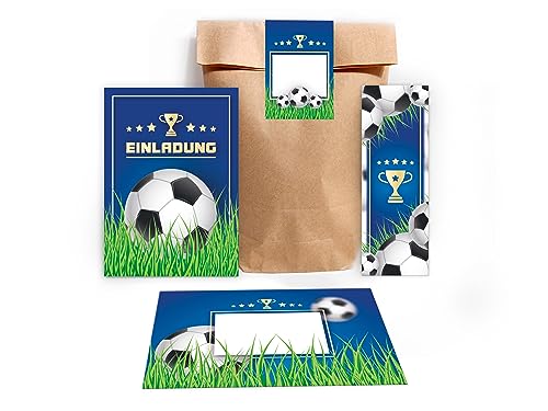 Limonia 12 Einladungskarten Fußball zum Kindergeburtstag Einladung Geburtstag Mädchen Kinder Jungs Jungen Boys Fussball Turnier incl. 12 Umschläge, 12 Tüten, 12 Aufkleber, 12 Lesezeichen von Limonia