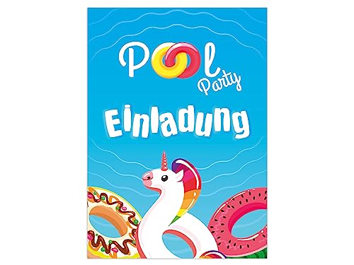 Limonia 12 Einladungskarten Pool-Party Karten zum Kindergeburtstag Einladung Geburtstag Bad Mädchen Jungen Schwimmbad Einhorn Donut von Limonia