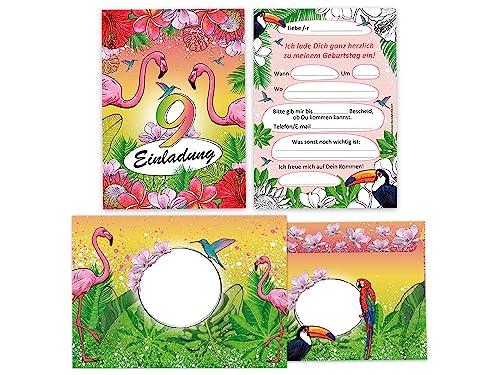 Limonia 12 Einladungskarten incl. 12 Umschläge zum 9. Geburtstag Einladung Kindergeburtstag Mädchen Karten Flamingo Kolibri Papagei Tropen Palmen von Limonia