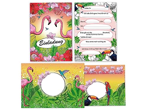 Limonia 12 Einladungskarten incl. 12 Umschläge zum Kindergeburtstag Einladung Geburtstag Mädchen Karten Flamingo Kolibri Papagei Tropen Palmen von Limonia