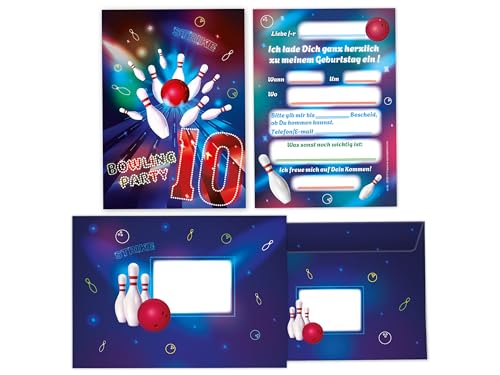 Limonia 12 Einladungskarten inkl. 12 Umschläge zum 10. Kindergeburtstag Motto-Party Bowling neon Einladung Set Geburtstag Mädchen Kinder Jungs Jungen Boys Teenies von Limonia