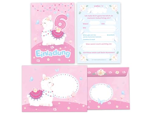 Limonia 12 Einladungskarten inkl. 12 Umschläge zum 6. Kindergeburtstag Motto-Party Feier Fest Einladung Set Geburtstag Mädchen Kinder Lama Schmetterlinge rosa blau von Limonia