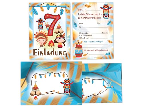 Limonia 12 Einladungskarten inkl. 12 Umschläge zum 7. Kindergeburtstag Einladung Set Geburtstag Mädchen Kinder Jungs Jungen Boys Teenies Indianer Schamane Tipi Powwow Traumfänger von Limonia