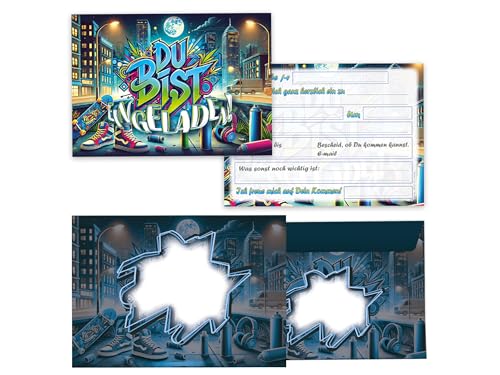 Limonia 12 Einladungskarten inkl. 12 Umschläge zum Kindergeburtstag Graffiti Street Art Einladung Set Geburtstag Mädchen Kinder Jungs Jungen Boys Teenies Jugendliche Modern von Limonia