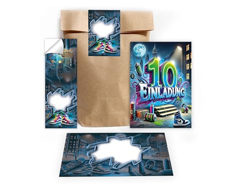 Limonia 12 Einladungskarten zum 10. Kindergeburtstag Graffiti Street Art Einladung Set Geburtstag Mädchen Kinder Jungs Jungen Boys Geschenktüte inkl. 12 Umschläge, 12 Tüten, 12 Aufkleber von Limonia