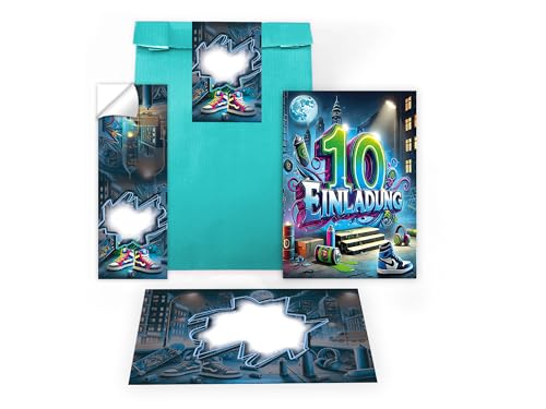 Limonia 12 Einladungskarten zum 10. Kindergeburtstag Graffiti Street Art Party Einladung Set Geburtstag Mädchen Kinder Jungs Jungen Boys Geschenktüte inkl. 12 Umschläge, 12 Tüten, 12 Aufkleber von Limonia