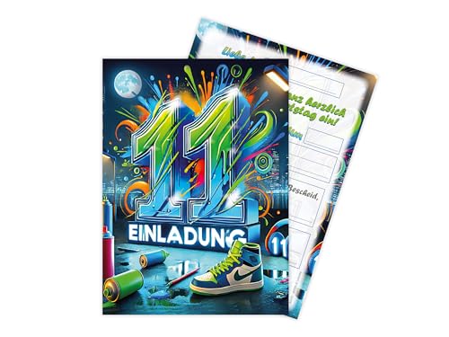 Limonia 12 Einladungskarten zum 11. Kindergeburtstag Graffiti Street Art Motto Feier Fest Einladung Set Geburtstag Mädchen Kinder Jungs Jungen Boys Teenies Unisex von Limonia