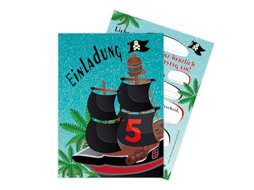 Limonia 12 Einladungskarten zum 5. Kindergeburtstag Motto Feier Fest Einladung Set Geburtstag Mädchen Kinder Jungs Jungen Boys Teenies Unisex Piraten Schatz Abenteuer Erlebnis Piratenschiff von Limonia