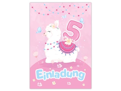 Limonia 12 Einladungskarten zum 5. Kindergeburtstag Motto-Party Feier Fest Einladung Geburtstag Mädchen Kinder Lama Schmetterlinge rosa blau von Limonia