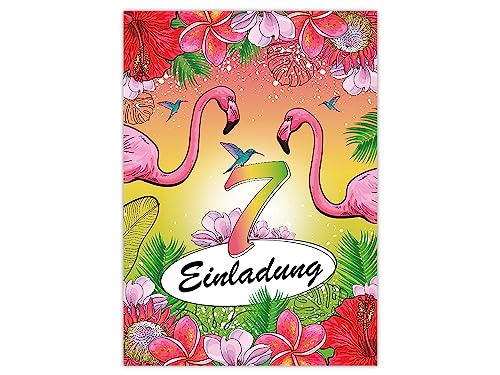 Limonia 12 Einladungskarten zum 7. Geburtstag Einladung Kindergeburtstag Mädchen Karten Flamingo Kolibri Papagei Tropen Palmen von Limonia