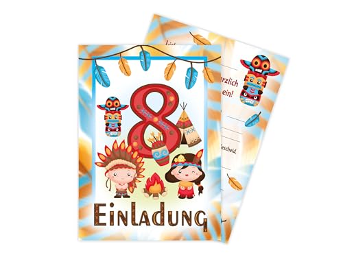 Limonia 12 Einladungskarten zum 8. Kindergeburtstag Motto Feier Fest Einladung Set Geburtstag Mädchen Kinder Jungs Jungen Boys Teenies Unisex Indianer Indianerdorf Tipi Powwow Traumfänger von Limonia