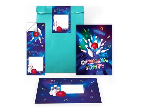 Limonia 12 Einladungskarten zum Kindergeburtstag Bowling Party Trampolin neon Einladung Set Geburtstag Mädchen Kinder Jungs Jungen Boys Geschenktüte inkl. 12 Umschläge, 12 Tüten, 12 Aufkleber von Limonia