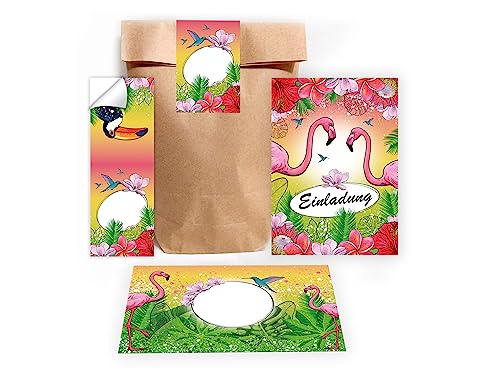 Limonia 12 Einladungskarten zum Kindergeburtstag Einladung Geburtstag Mädchen Karten Flamingo Kolibri Papagei Tropen Palmen incl. 12 Umschläge, 12 Tüten, 12 Aufkleber von Limonia